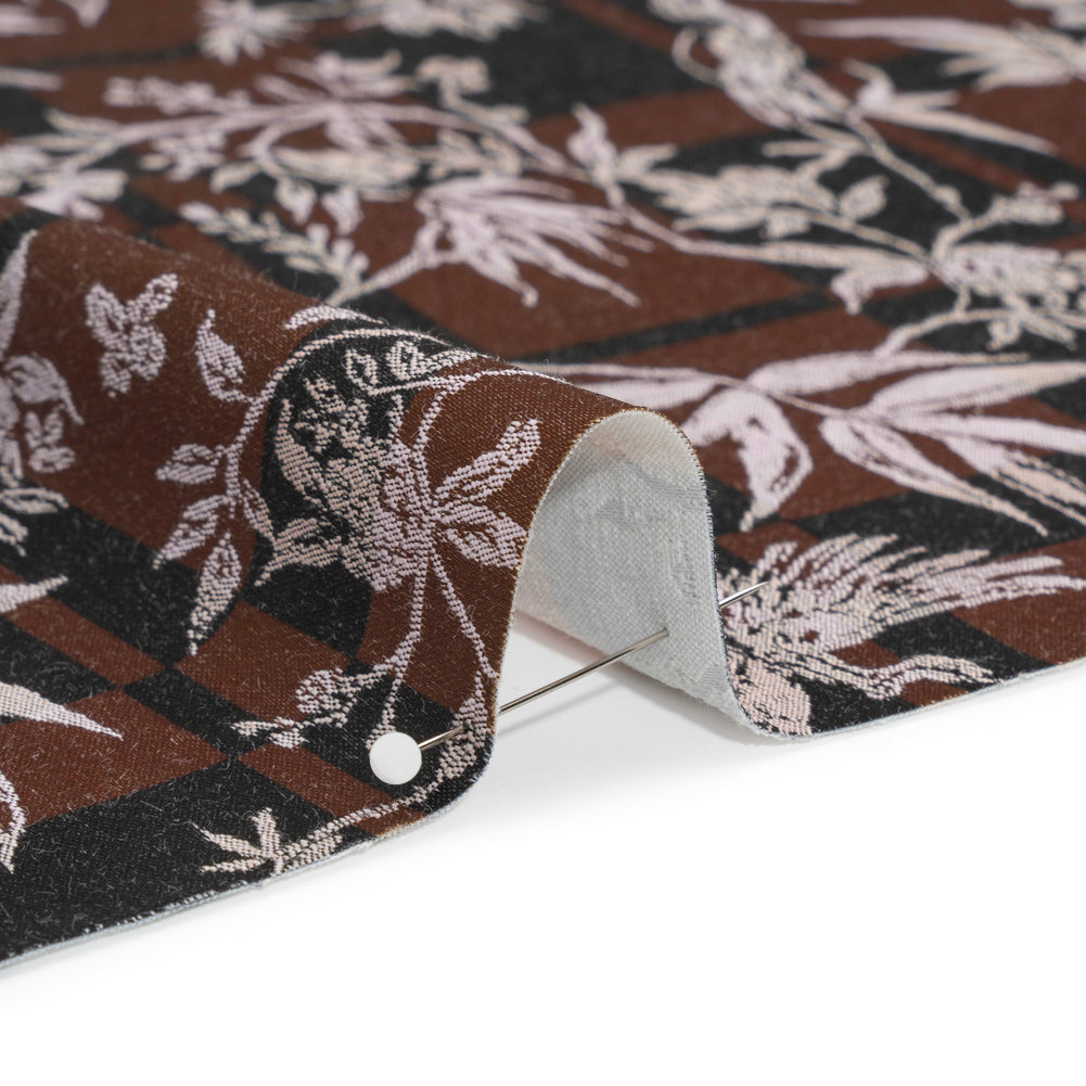 Stretch Flowers and Cranes Jacquard Print - Brown and Black Plaid - Mood Exclusive Long Live