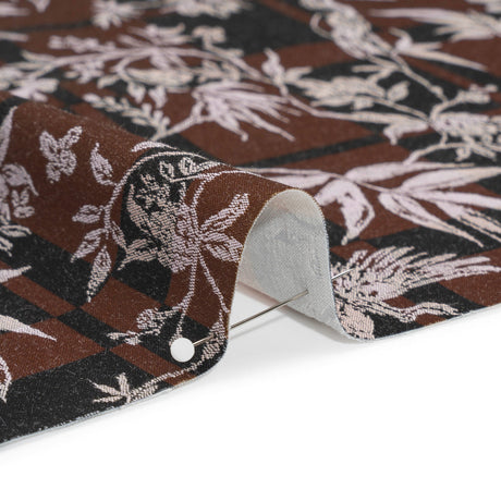 Stretch Flowers and Cranes Jacquard Print - Brown and Black Plaid - Mood Exclusive Long Live