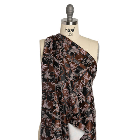 Stretch Flowers and Cranes Jacquard Print - Brown and Black Plaid - Mood Exclusive Long Live