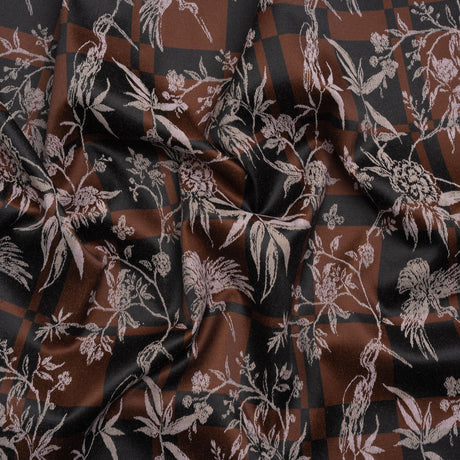 Stretch Flowers and Cranes Jacquard Print - Brown and Black Plaid - Mood Exclusive Long Live