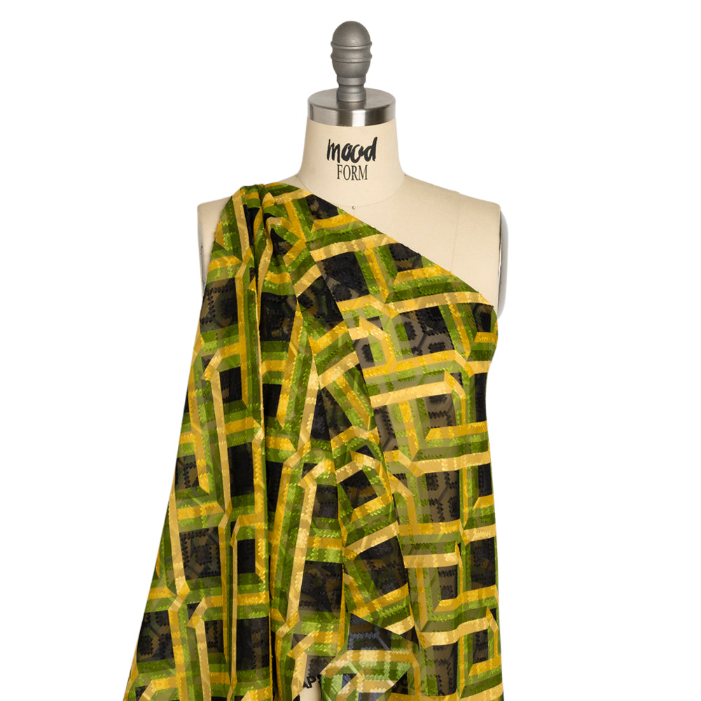 Geometric Burnout Polyester Woven Print - Green, Yellow and Black Geometric - Mood Exclusive Bananquit Babble