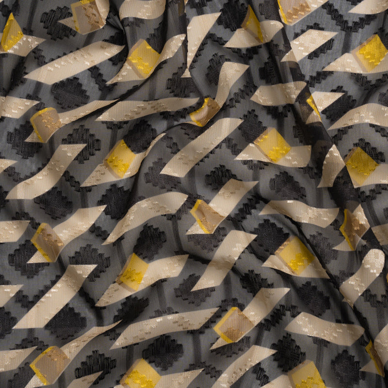 Geometric Burnout Polyester Woven Print - Black and Yellow Geometric - Mood Exclusive Treasures Untold