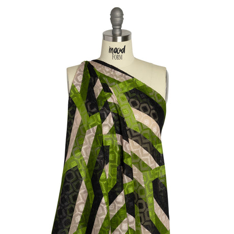 Geometric Burnout Polyester Woven Print - Green Hexagon Stripes - Mood Exclusive Archers Cay