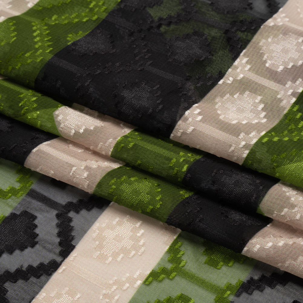 Geometric Burnout Polyester Woven Print - Green Hexagon Stripes - Mood Exclusive Archers Cay