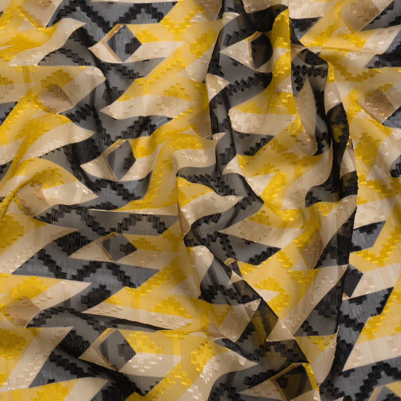 Geometric Burnout Polyester Woven Print - Cream, Yellow and Black Geometric - Mood Exclusive Treasures Untold
