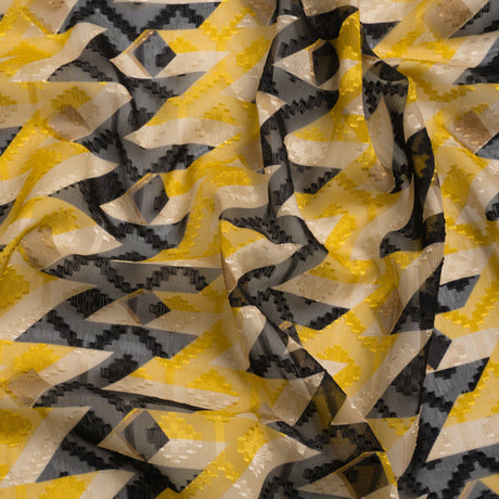 Geometric Burnout Polyester Woven Print - Cream, Yellow and Black Geometric - Mood Exclusive Treasures Untold