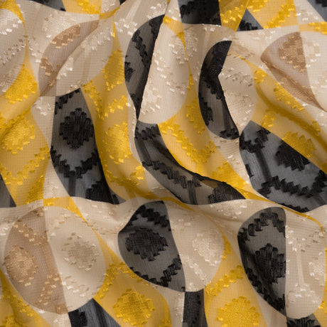 Geometric Burnout Polyester Woven Print - Yellow Circles and Rectangles - Mood Exclusive Floyd's Moon
