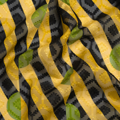 Geometric Burnout Polyester Woven Print - Goldenrod Half Circles and Stripes - Mood Exclusive Sunrise Kingdom