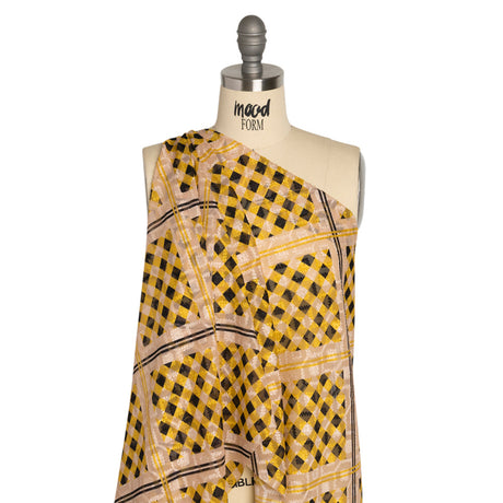 Geometric Burnout Polyester Woven Print - Goldenrod Yellow Gingham Plaid - Mood Exclusive Al Fresco Feast