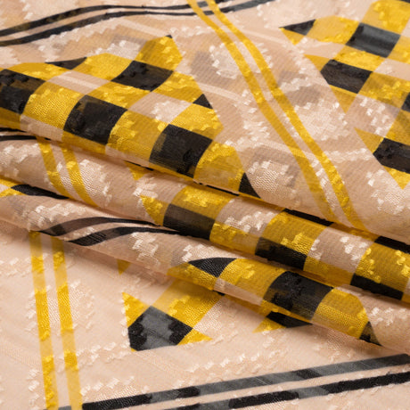 Geometric Burnout Polyester Woven Print - Goldenrod Yellow Gingham Plaid - Mood Exclusive Al Fresco Feast