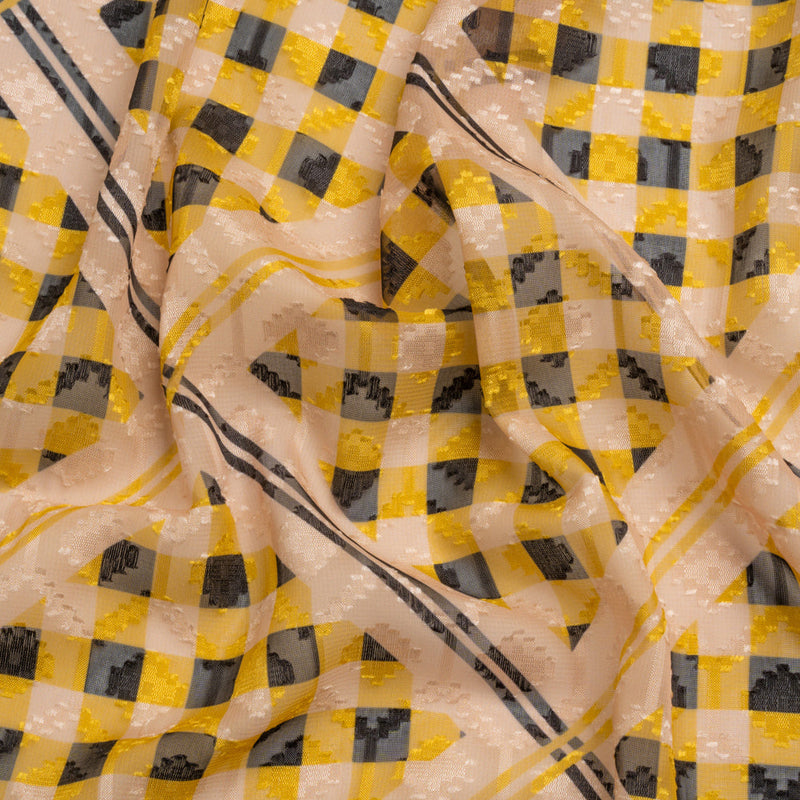Geometric Burnout Polyester Woven Print - Goldenrod Yellow Gingham Plaid - Mood Exclusive Al Fresco Feast