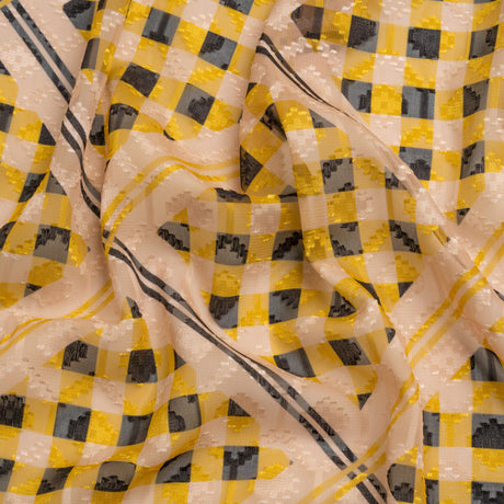 Geometric Burnout Polyester Woven Print - Goldenrod Yellow Gingham Plaid - Mood Exclusive Al Fresco Feast