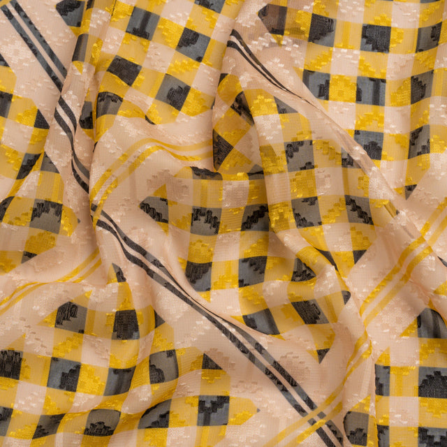 Geometric Burnout Polyester Woven Print - Goldenrod Yellow Gingham Plaid - Mood Exclusive Al Fresco Feast