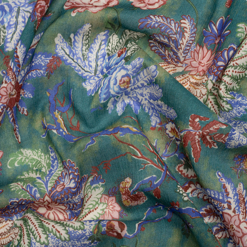 Crinkled Cotton Gauzy Woven Print - Forest Green, Red and Blue Floral - Mood Exclusive Derbyshire Stroll