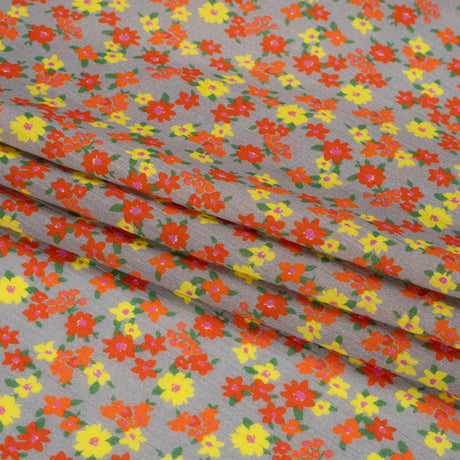 Crinkled Cotton Gauzy Woven Print - Red, Yellow and Gray Floral - Mood Exclusive Little Lillies