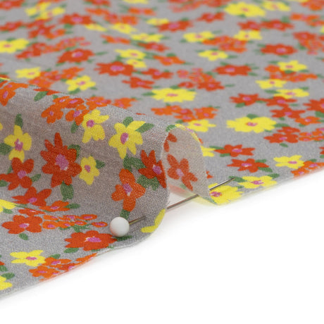 Crinkled Cotton Gauzy Woven Print - Red, Yellow and Gray Floral - Mood Exclusive Little Lillies