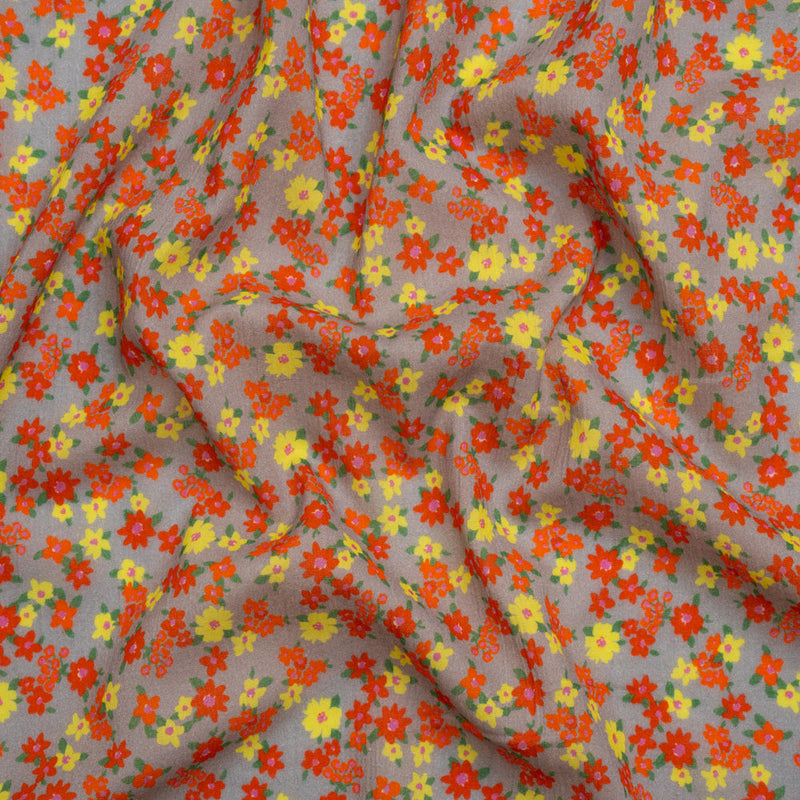 Crinkled Cotton Gauzy Woven Print - Red, Yellow and Gray Floral - Mood Exclusive Little Lillies