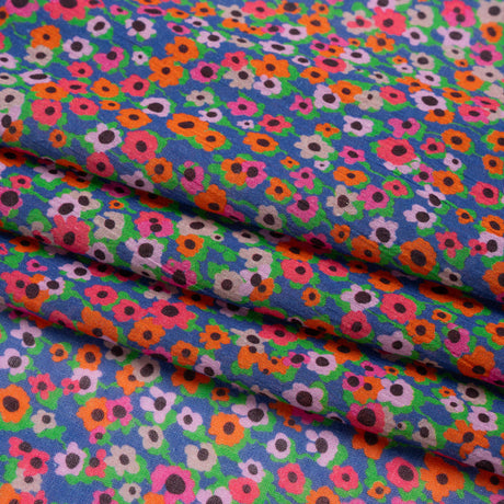 Crinkled Cotton Gauzy Woven Print - Hot Pink, Orange and Blue Floral - Mood Exclusive Bed of Begonias