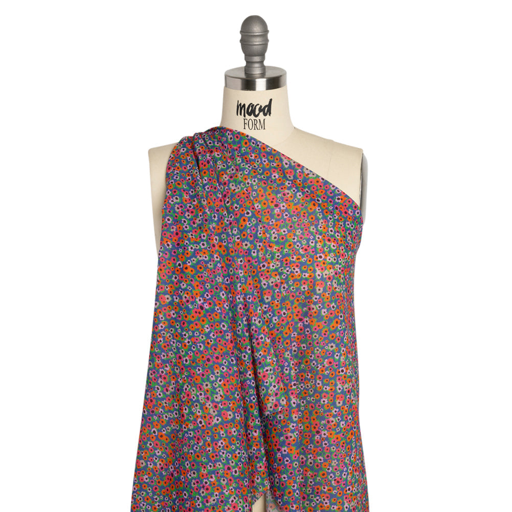 Crinkled Cotton Gauzy Woven Print - Hot Pink, Orange and Blue Floral - Mood Exclusive Bed of Begonias
