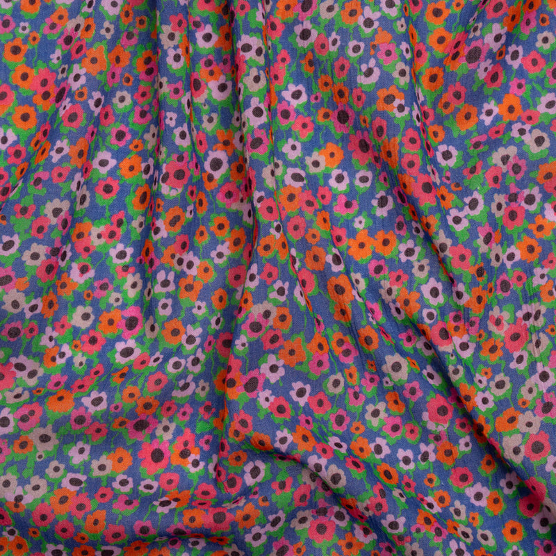 Crinkled Cotton Gauzy Woven Print - Hot Pink, Orange and Blue Floral - Mood Exclusive Bed of Begonias