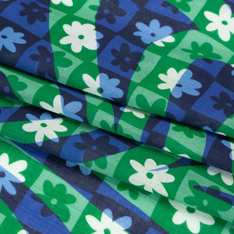 Crinkled Cotton Gauzy Woven Print - Green and Blue Flowers and Swirls on Checks - Mood Exclusive Gardener's Game