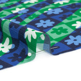 Crinkled Cotton Gauzy Woven Print - Green and Blue Flowers and Swirls on Checks - Mood Exclusive Gardener's Game