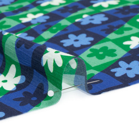 Crinkled Cotton Gauzy Woven Print - Green and Blue Flowers and Swirls on Checks - Mood Exclusive Gardener's Game