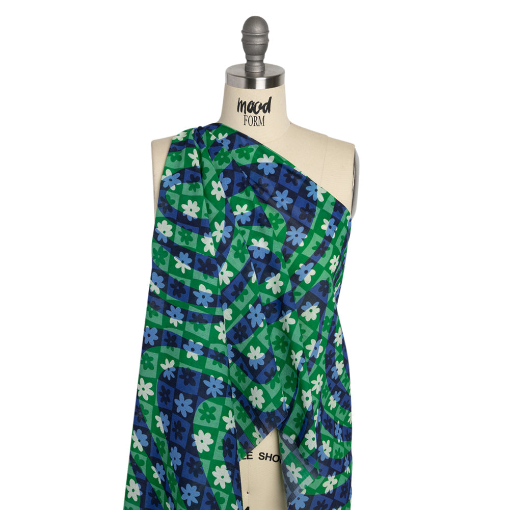 Crinkled Cotton Gauzy Woven Print - Green and Blue Flowers and Swirls on Checks - Mood Exclusive Gardener's Game
