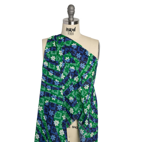 Crinkled Cotton Gauzy Woven Print - Green and Blue Flowers and Swirls on Checks - Mood Exclusive Gardener's Game