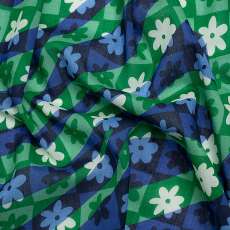 Crinkled Cotton Gauzy Woven Print - Green and Blue Flowers and Swirls on Checks - Mood Exclusive Gardener's Game