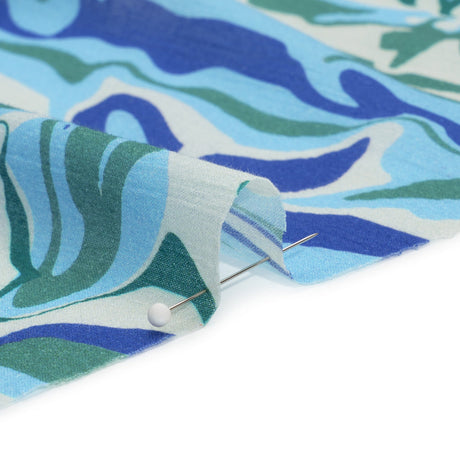 Crinkled Cotton Gauzy Woven Print - Blue and Green Floral Ripples - Mood Exclusive Float On