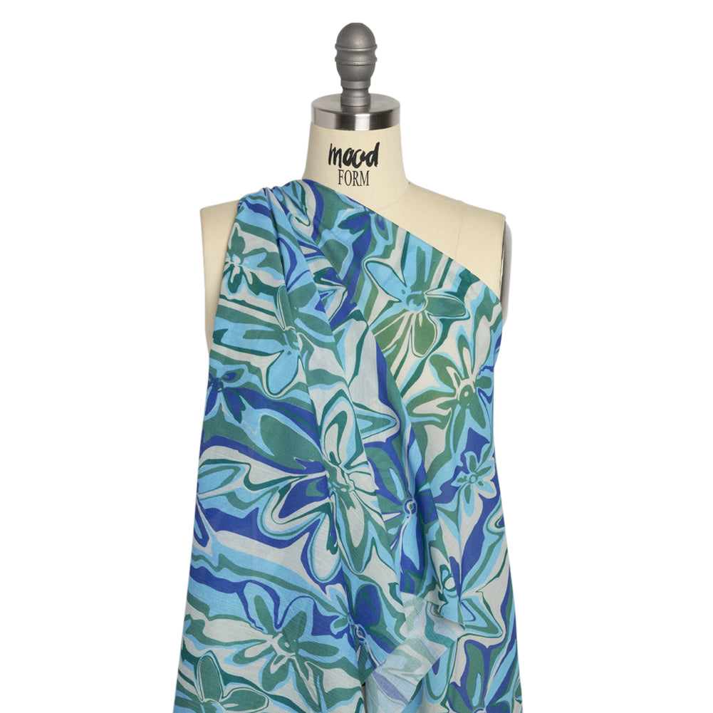 Crinkled Cotton Gauzy Woven Print - Blue and Green Floral Ripples - Mood Exclusive Float On