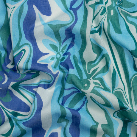 Crinkled Cotton Gauzy Woven Print - Blue and Green Floral Ripples - Mood Exclusive Float On