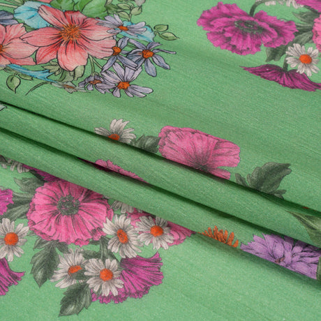 Crinkled Cotton Gauzy Woven Print - Green and Pink Floral Bunches - Mood Exclusive Flower Shoppe