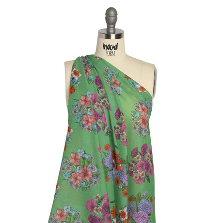 Crinkled Cotton Gauzy Woven Print - Green and Pink Floral Bunches - Mood Exclusive Flower Shoppe