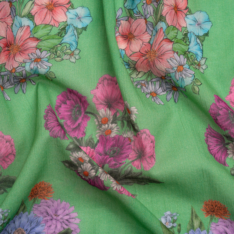 Crinkled Cotton Gauzy Woven Print - Green and Pink Floral Bunches - Mood Exclusive Flower Shoppe