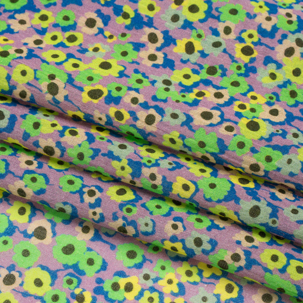Crinkled Cotton Gauzy Woven Print - Lemon, Lime and Purple Floral - Mood Exclusive Bed of Begonias