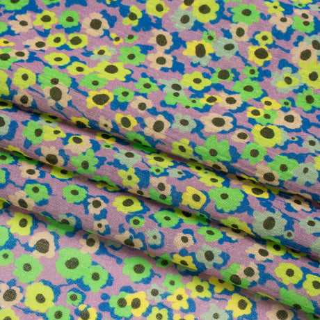 Crinkled Cotton Gauzy Woven Print - Lemon, Lime and Purple Floral - Mood Exclusive Bed of Begonias