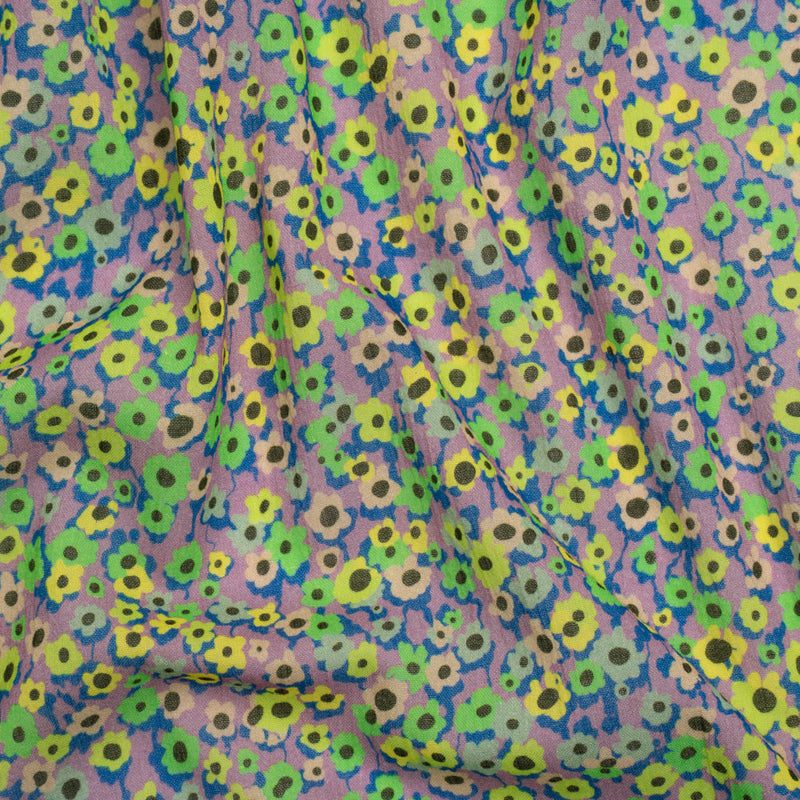 Crinkled Cotton Gauzy Woven Print - Lemon, Lime and Purple Floral - Mood Exclusive Bed of Begonias