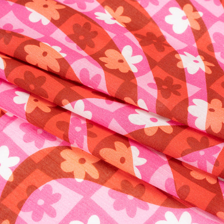 Crinkled Cotton Gauzy Woven Print - Red and Pink Flowers and Swirls on Checks - Mood Exclusive Gardener's Game