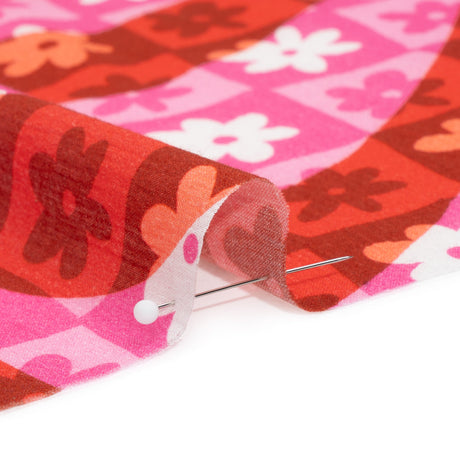 Crinkled Cotton Gauzy Woven Print - Red and Pink Flowers and Swirls on Checks - Mood Exclusive Gardener's Game