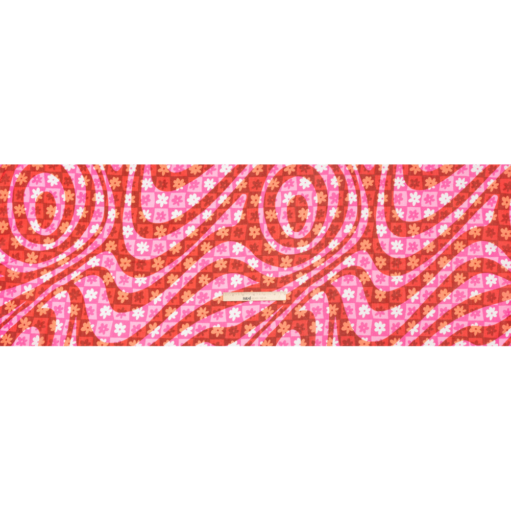 Crinkled Cotton Gauzy Woven Print - Red and Pink Flowers and Swirls on Checks - Mood Exclusive Gardener's Game