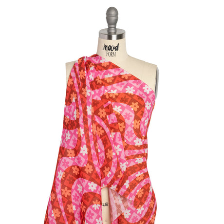 Crinkled Cotton Gauzy Woven Print - Red and Pink Flowers and Swirls on Checks - Mood Exclusive Gardener's Game