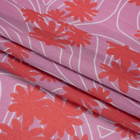 Crinkled Cotton Gauzy Woven Print - Red and Lilac Swirls and Florals - Mood Exclusive Daydreams and Daisies