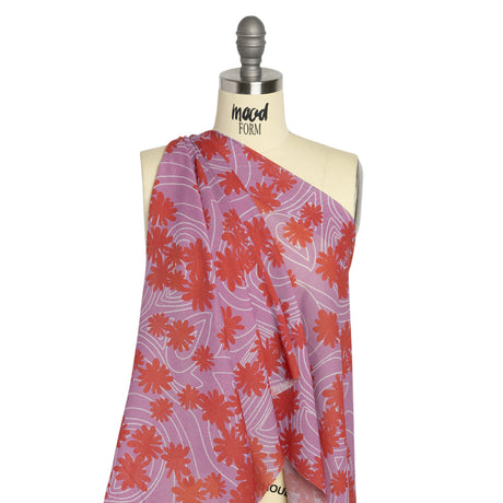 Crinkled Cotton Gauzy Woven Print - Red and Lilac Swirls and Florals - Mood Exclusive Daydreams and Daisies