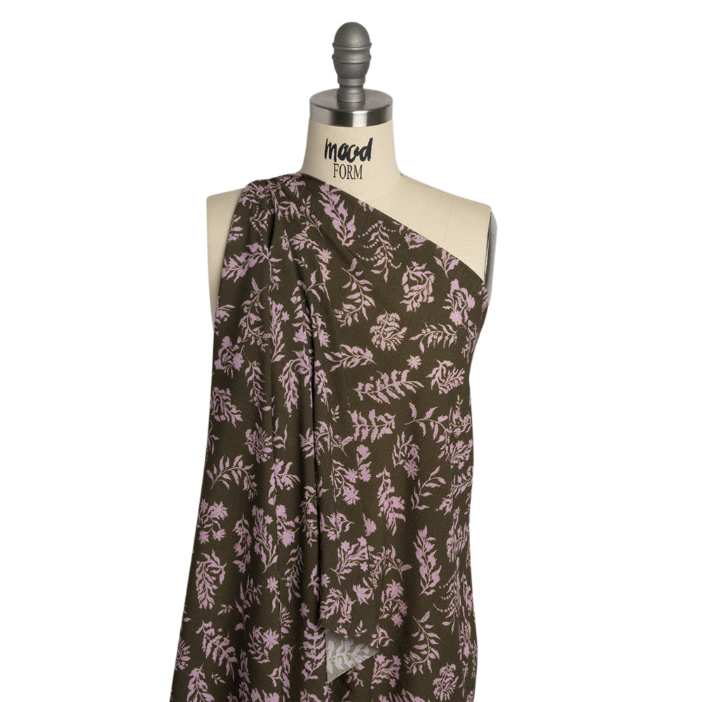 Mood Exclusive Olive Sprouting Sprigs Crinkled Gauzy Viscose Crepe
