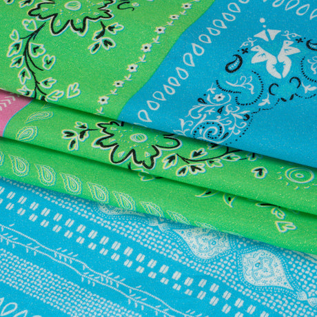 Metallic Viscose Woven Panel - Blue, Green and Pink Bandana Paisley Patchwork - Mood Exclusive Bandana Believer