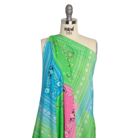Metallic Viscose Woven Panel - Blue, Green and Pink Bandana Paisley Patchwork - Mood Exclusive Bandana Believer