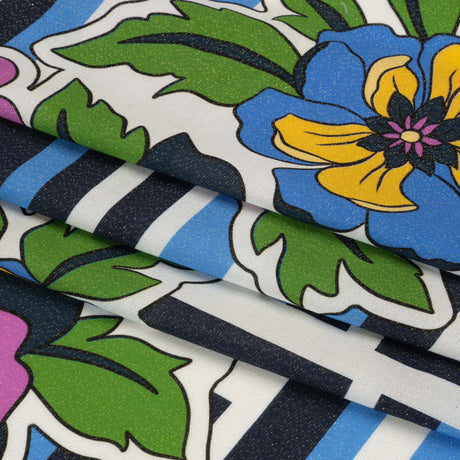 Metallic Viscose Woven Print - Blue Stripes and Florals - Mood Exclusive Countess Clarissa