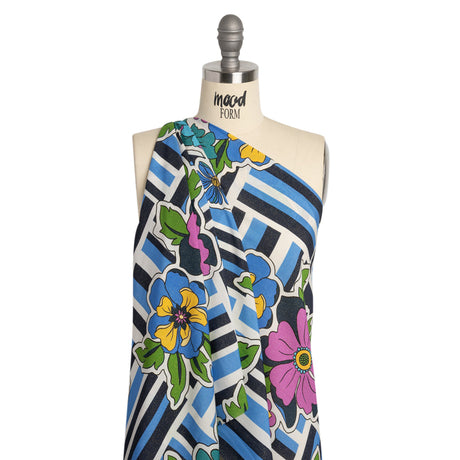 Metallic Viscose Woven Print - Blue Stripes and Florals - Mood Exclusive Countess Clarissa